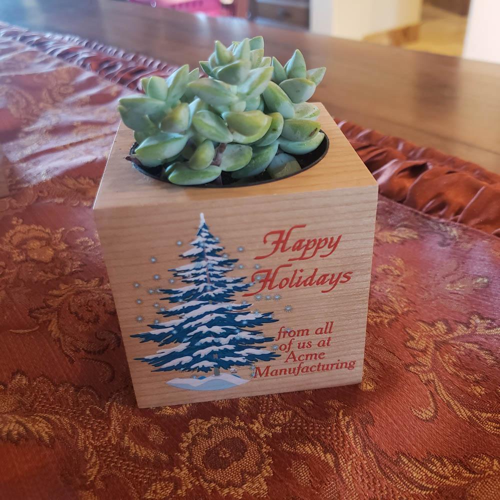 Christmas Tree Branded Wood Cube-Succulent - Corporate-The Succulent Source