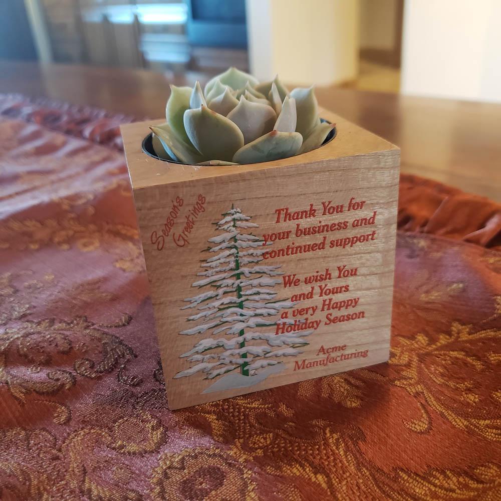 Christmas Tree Branded Wood Cube-Succulent - Corporate-The Succulent Source