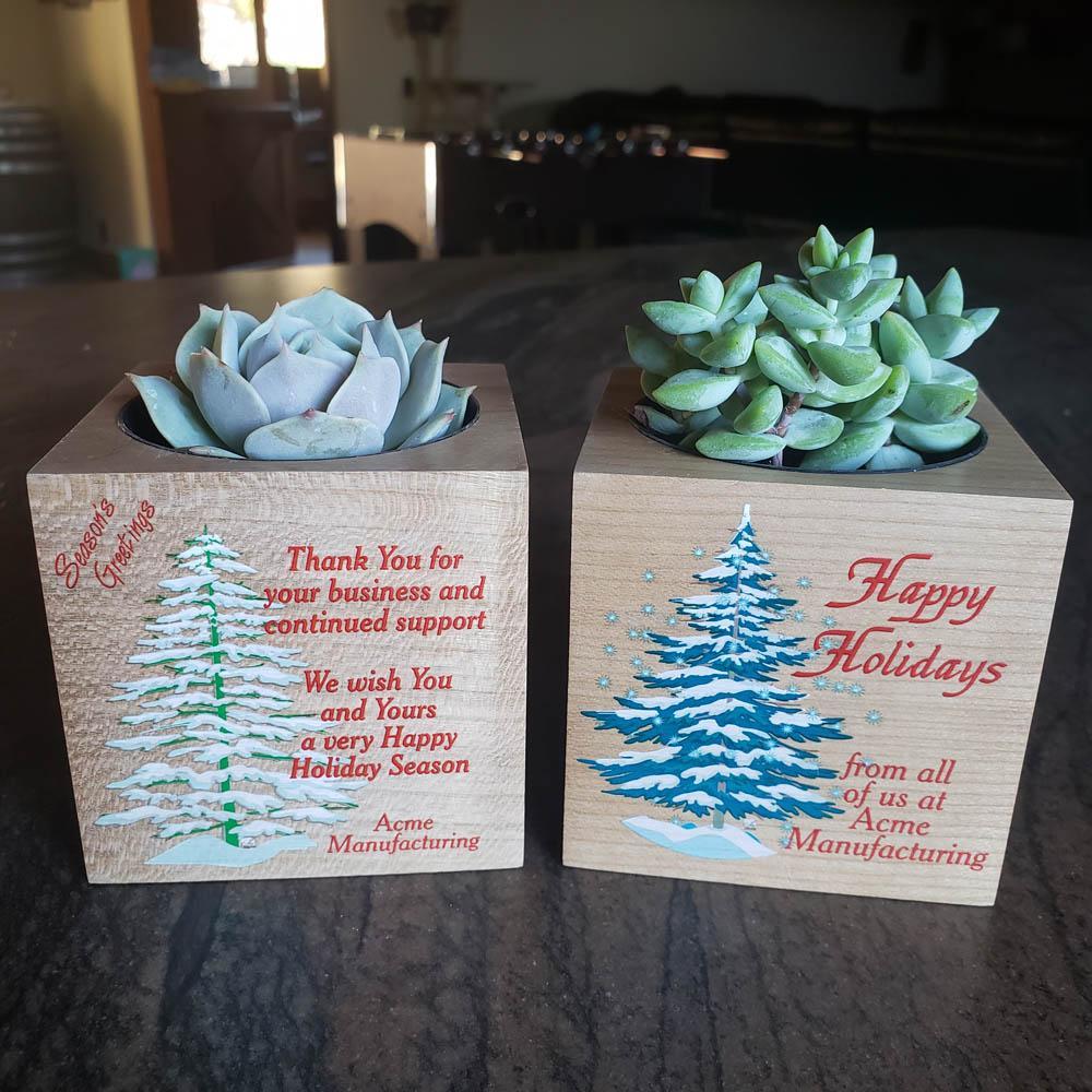 Christmas Tree Branded Wood Cube-Succulent - Corporate-The Succulent Source