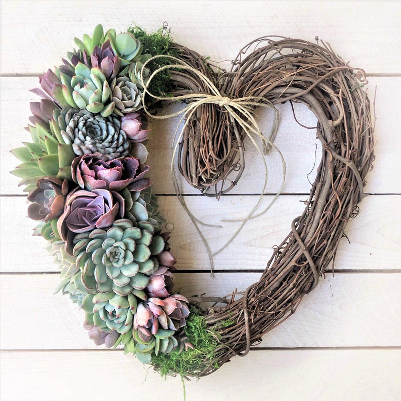 Rebecca Heart-Shaped Grapevine Wreath Trimmed With Succulents.