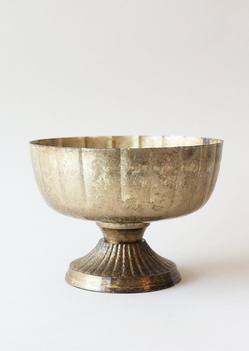 Distressed Gold Metal Compote Bowl - 8" Wide