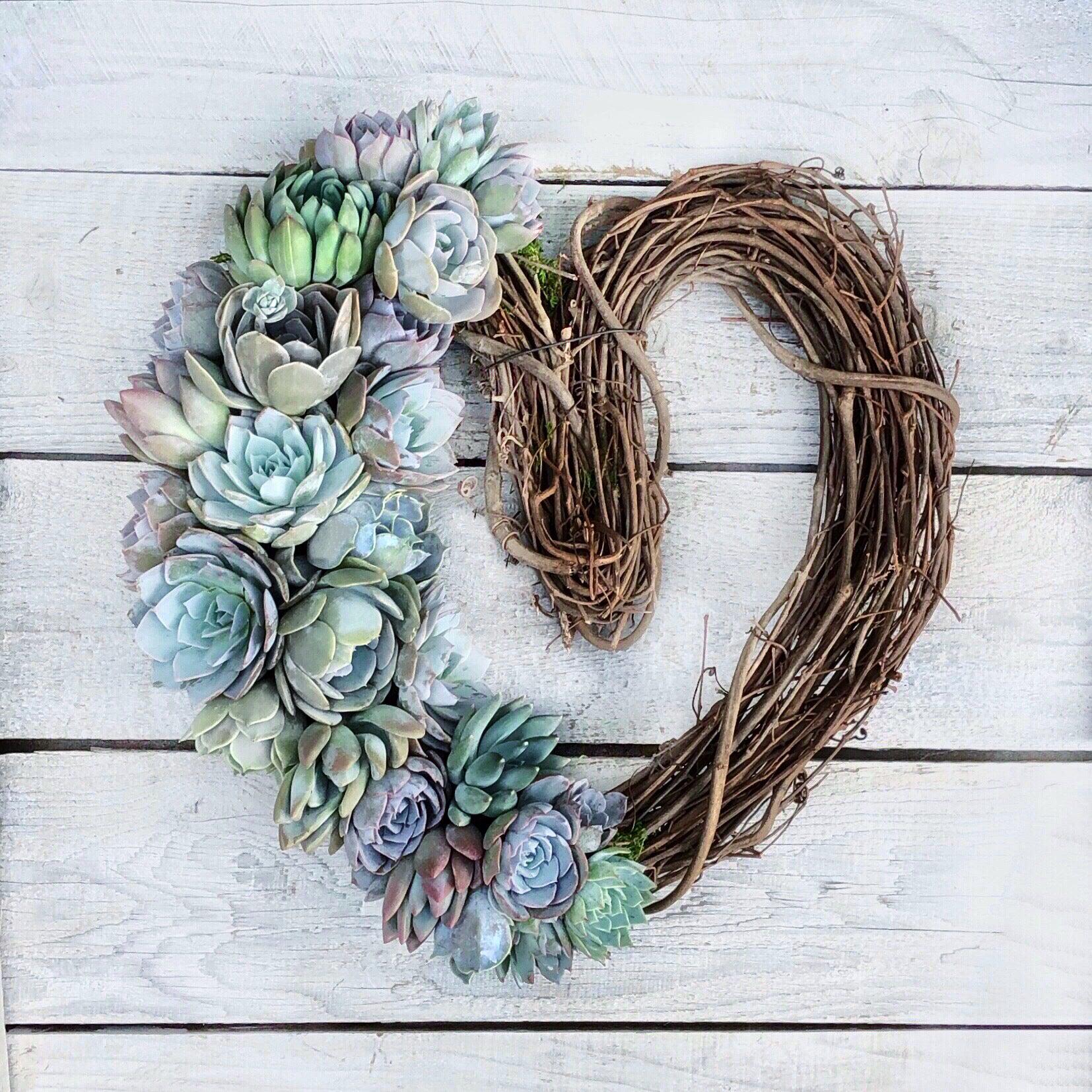 Rebecca Heart-Shaped Grapevine Wreath Trimmed With Succulents.