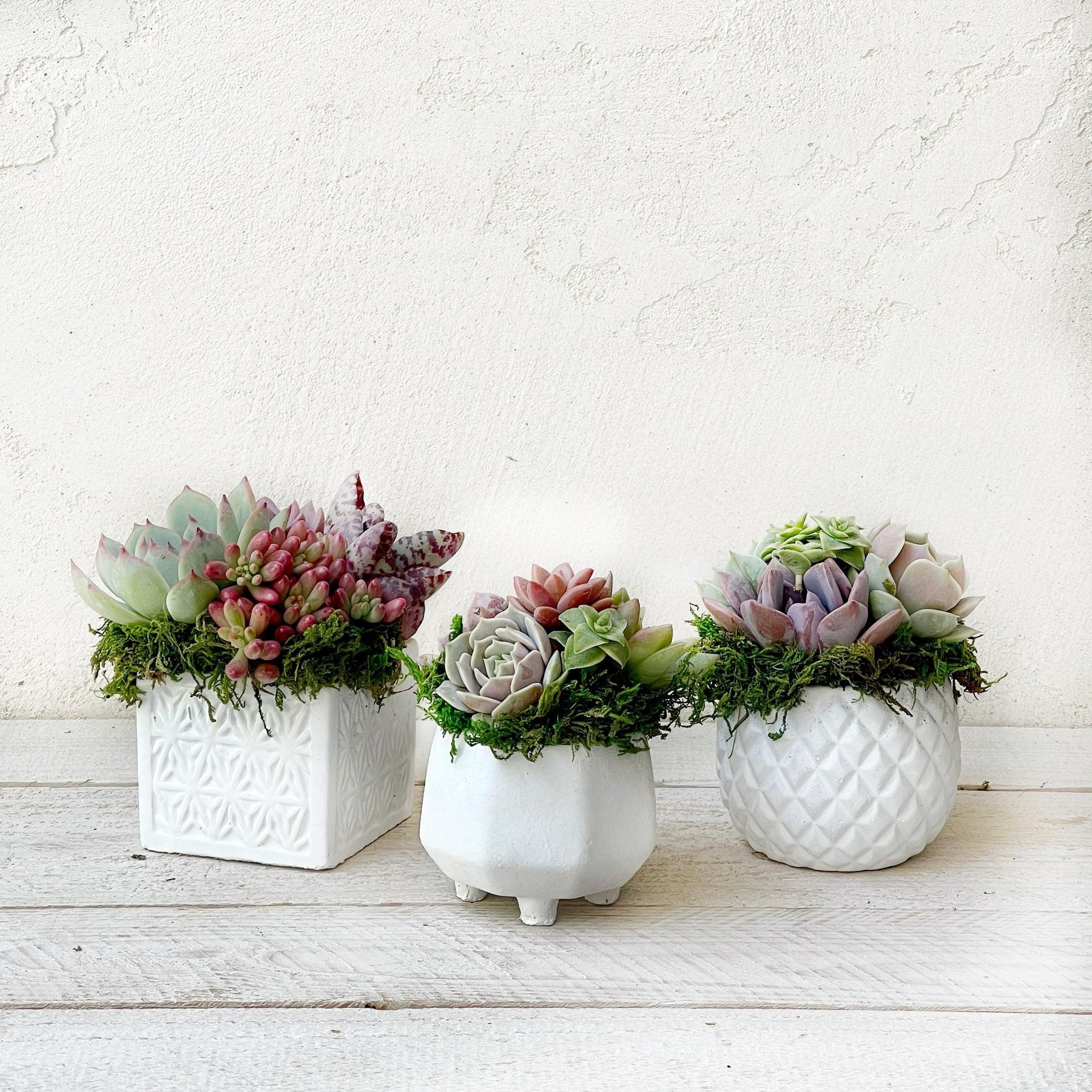 Tiffany Trio of Small White Geometric Pots.