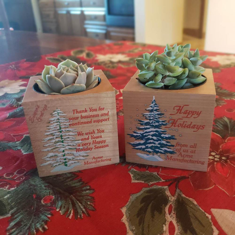Christmas Tree Branded Wood Cube-Succulent - Corporate-The Succulent Source